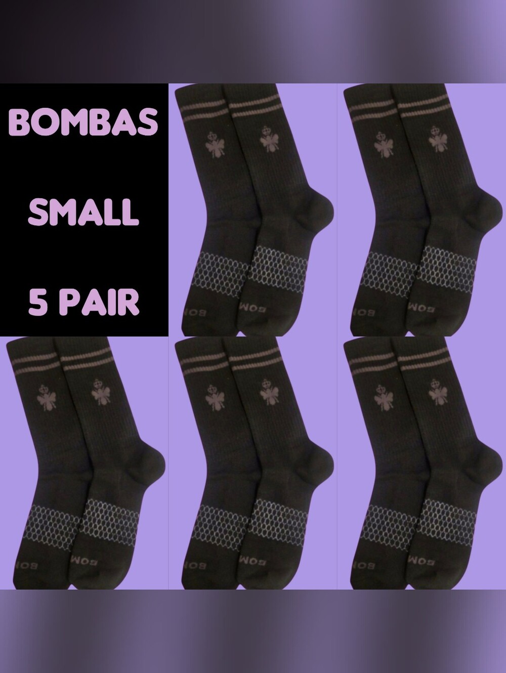 Bombas Crew Calf Socks Small Black~Grey Womens BNWT 5 Pair Bee Better